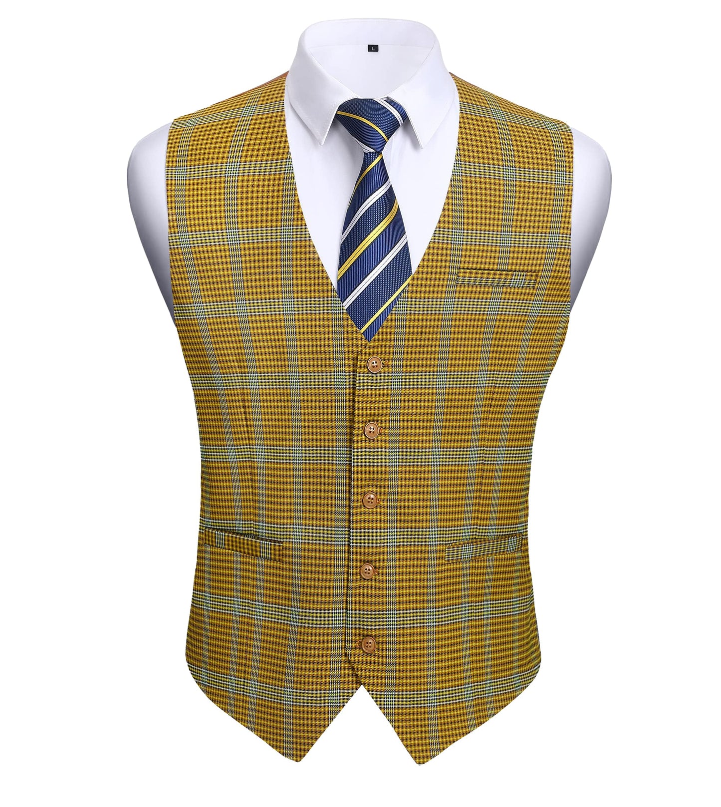 HISDERN Men's Suit Vest Business Plaid Formal Dress Waistcoat Slim Fit Vests for Men with 3 Pocket for Suit or Tuxedo