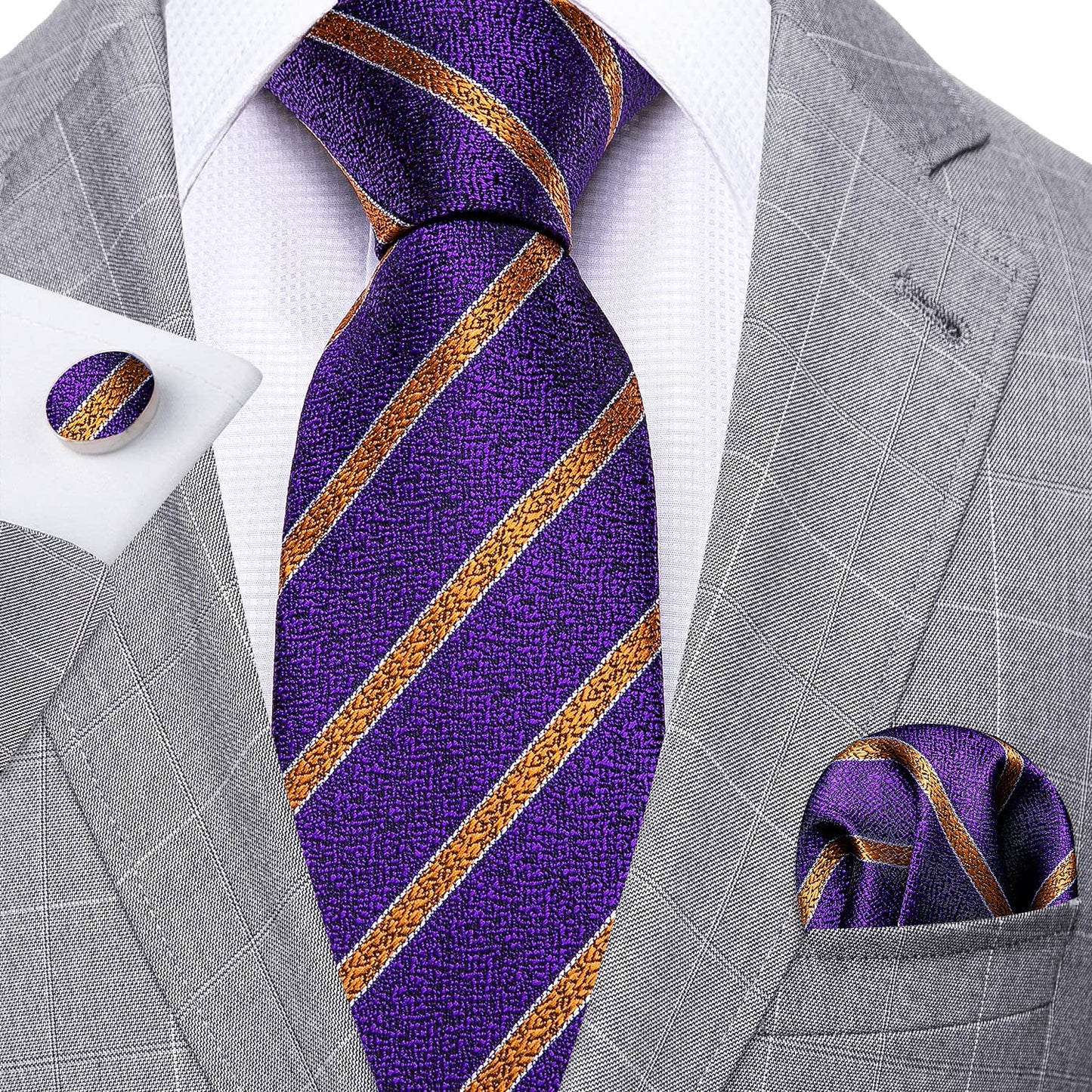 Barry.Wang Stripe Men Ties Set Classic WOVEN Necktie with Handkerchief Cufflinks Formal