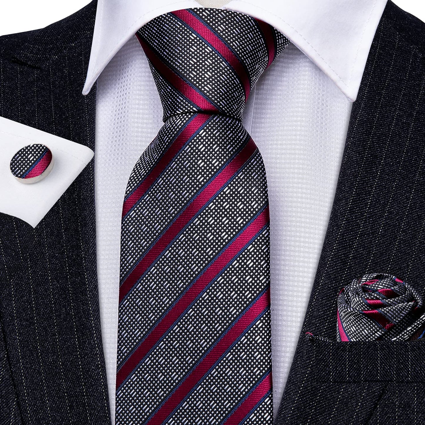 Barry.Wang Stripe Men Ties Set Classic WOVEN Necktie with Handkerchief Cufflinks Formal