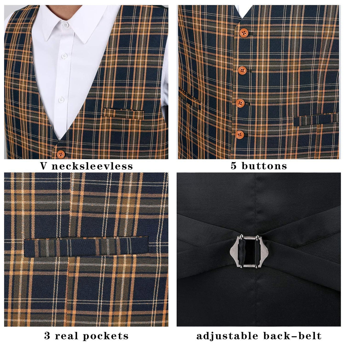 HISDERN Men's Suit Vest Business Plaid Formal Dress Waistcoat Slim Fit Vests for Men with 3 Pocket for Suit or Tuxedo