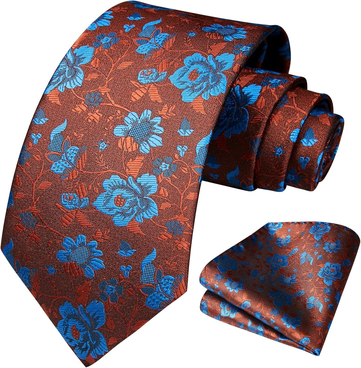 Men Floral Ties Woven Classic 3.4" NeckTie Set Formal Tie Pocket Square for Wedding with Handkerchief