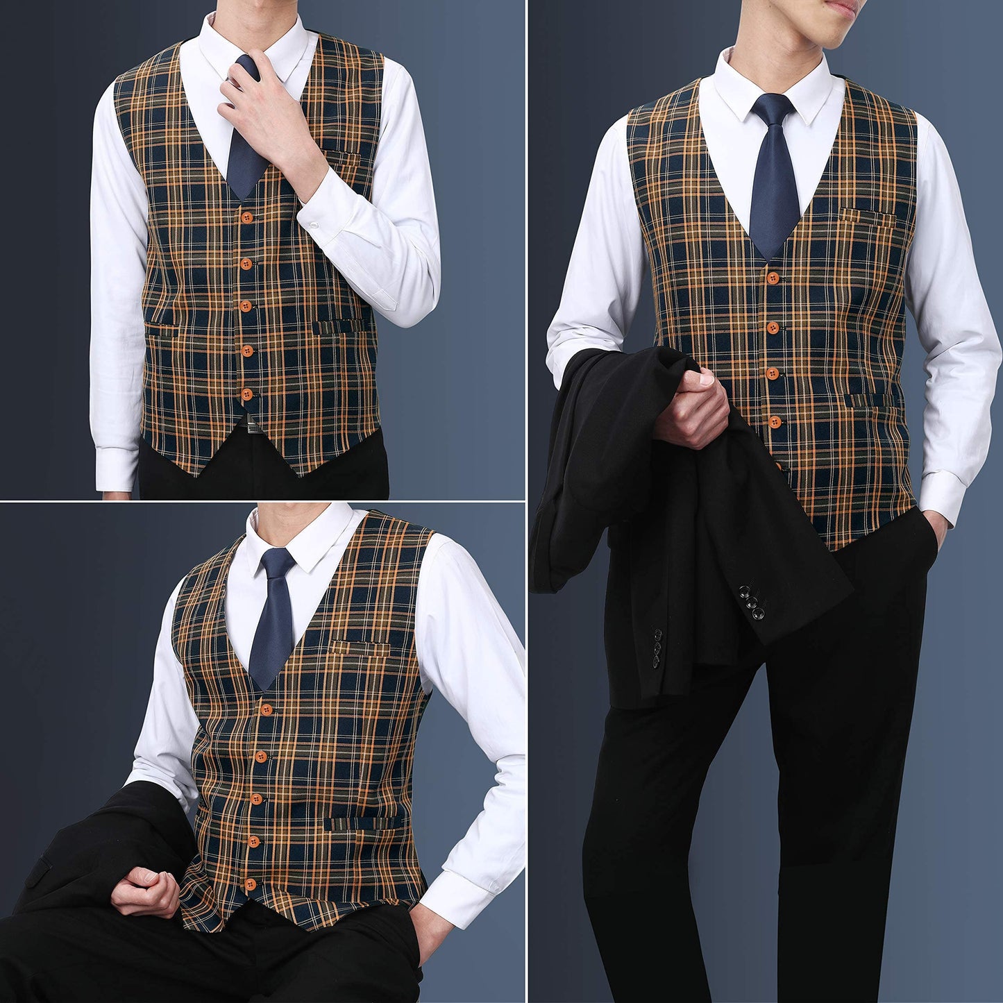 HISDERN Men's Suit Vest Business Plaid Formal Dress Waistcoat Slim Fit Vests for Men with 3 Pocket for Suit or Tuxedo