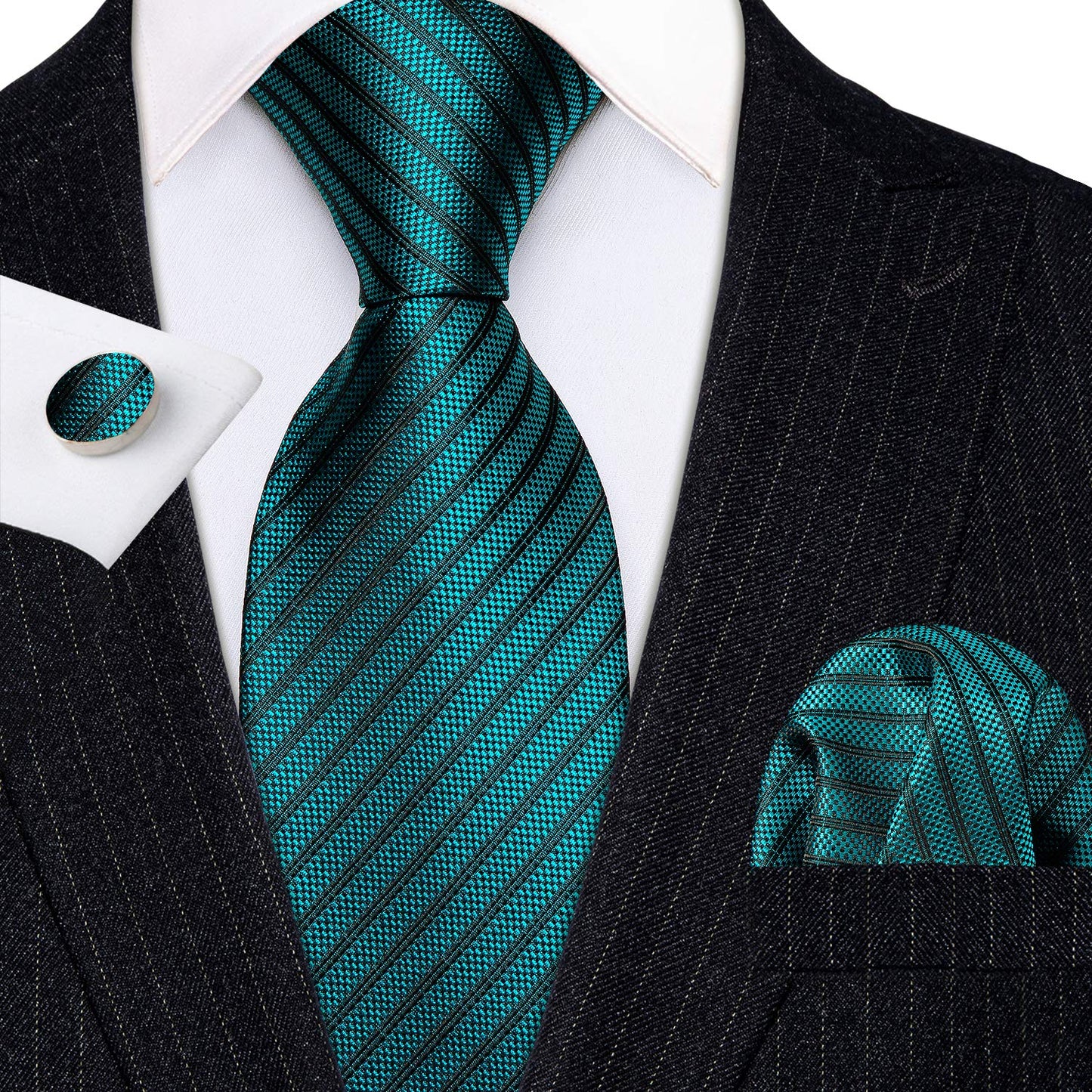 Barry.Wang Stripe Men Ties Set Classic WOVEN Necktie with Handkerchief Cufflinks Formal