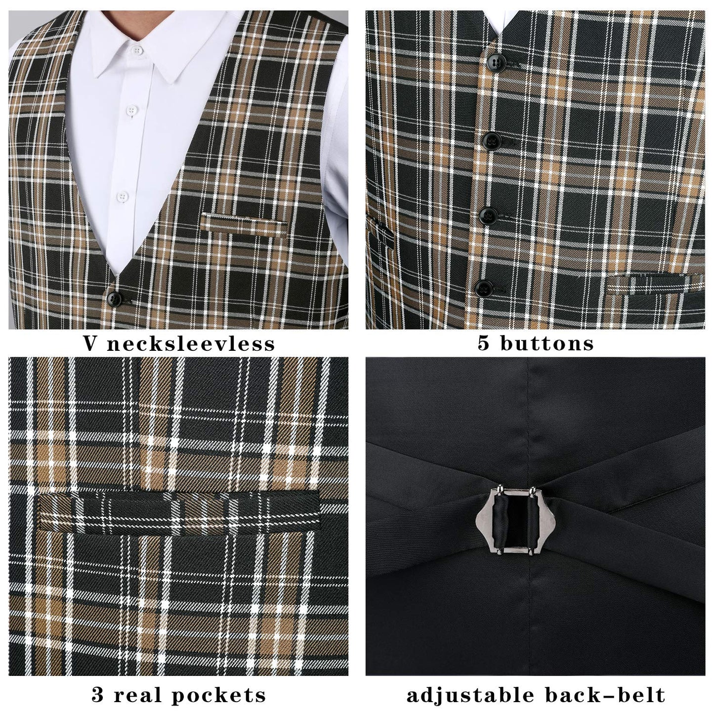 HISDERN Men's Suit Vest Business Plaid Formal Dress Waistcoat Slim Fit Vests for Men with 3 Pocket for Suit or Tuxedo