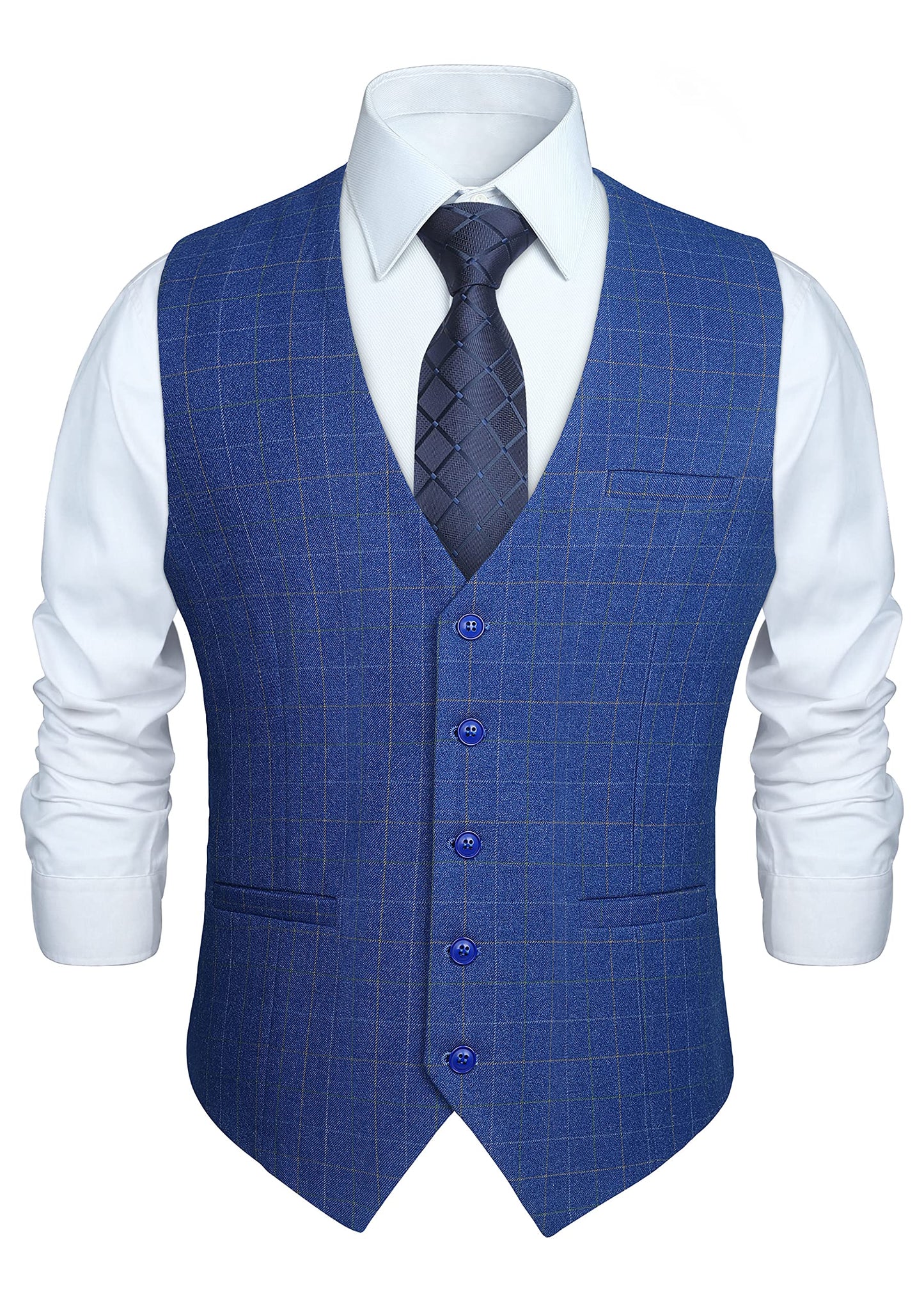 HISDERN Men's Suit Vest Plaid Dress Vest for Men Slim Fit Formal Business Waistcoat Tuxedo V-Ncek Solid Vest for Wedding