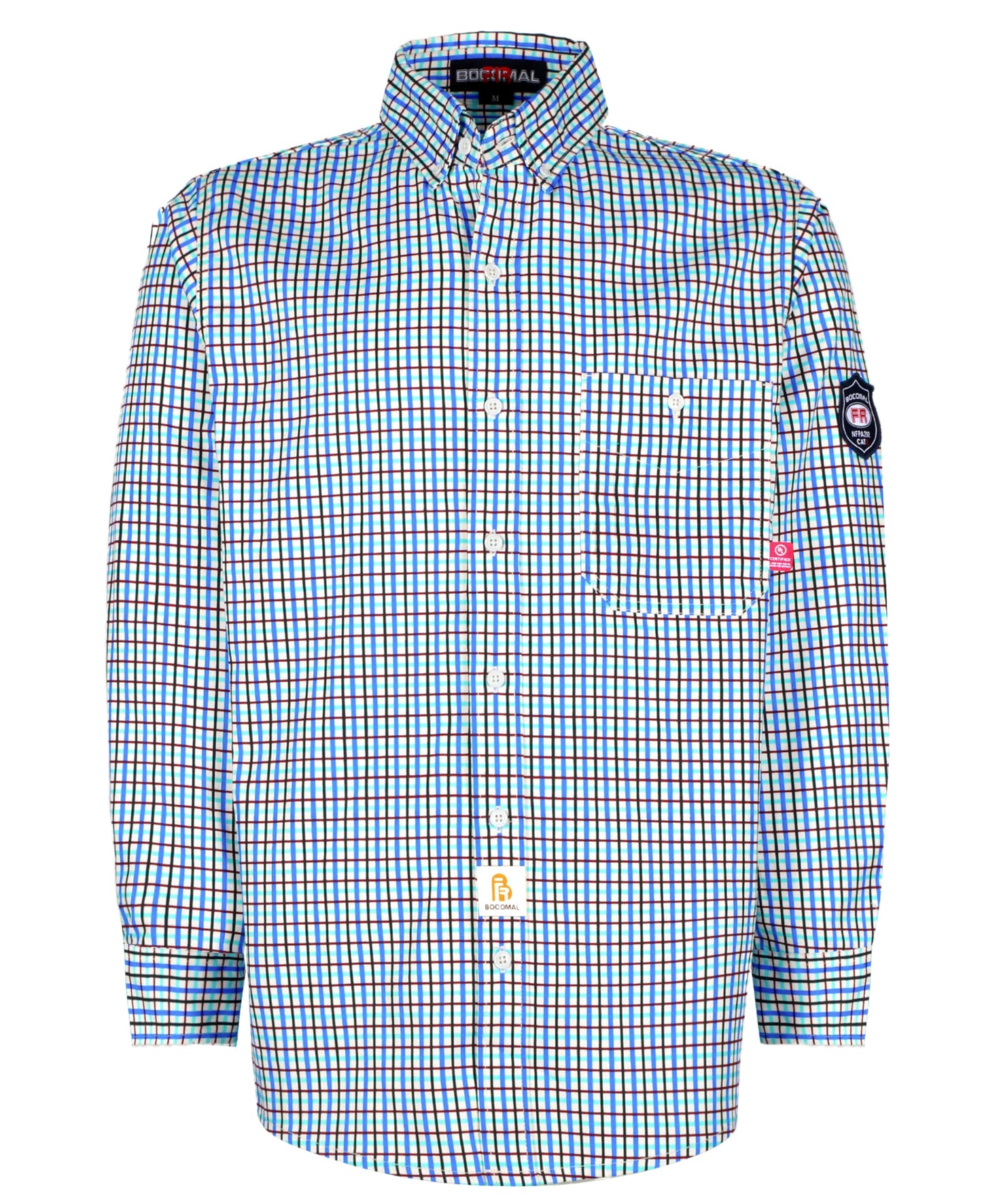 BOCOMAL FR Shirts for Men Printed Plaid Flame Resistant Clothing 6.5oz Cotton Button Up Welding Shirts NFPA2112 CAT2