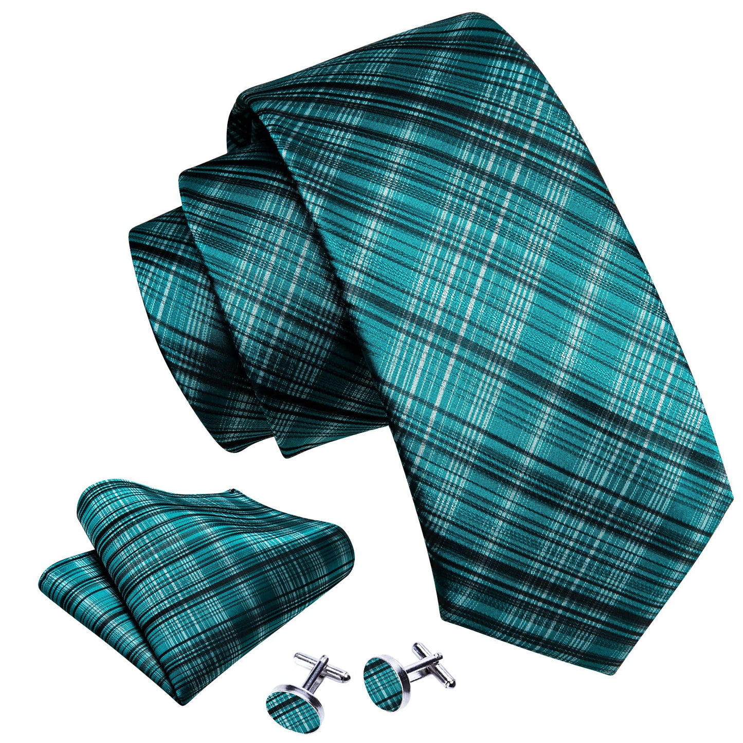 Barry.Wang Designer Classic Ties for Men Set Formal Pocket Square Cufflink Check Plaid