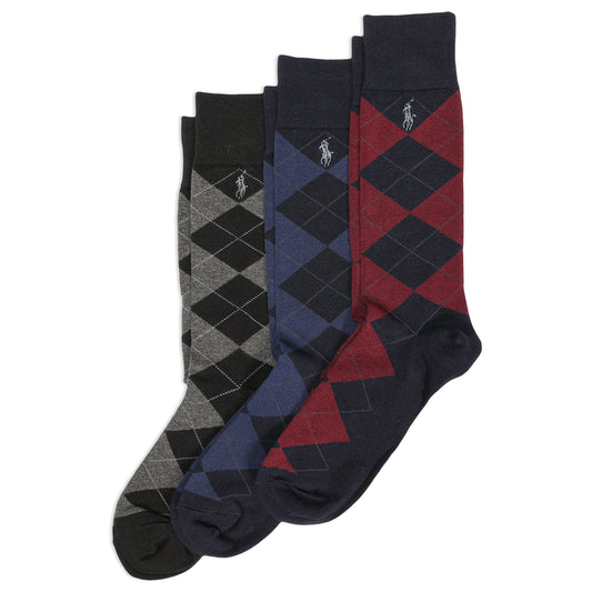 POLO RALPH LAUREN mens Argyle Pattern Dress Crew Socks - 3 Pair Pack - Soft Lightweight Cotton Comfort