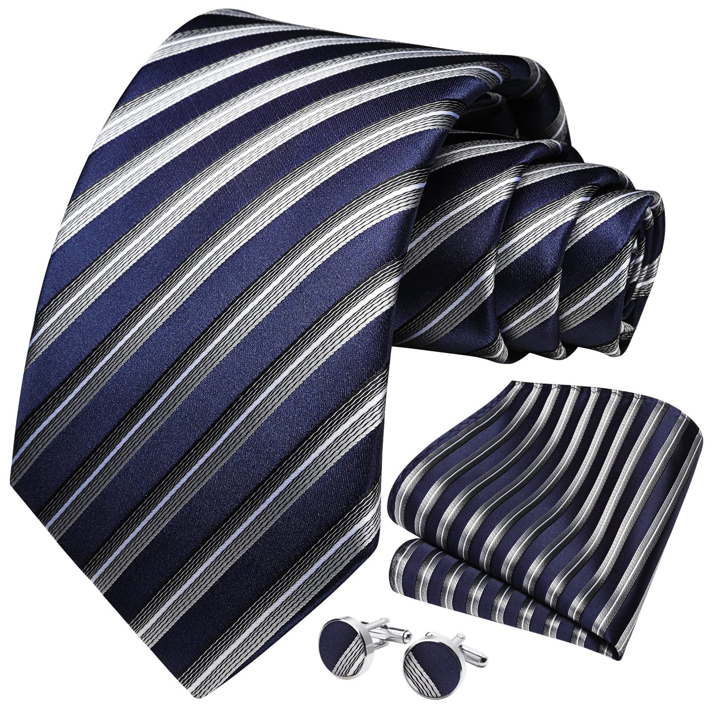 HISDERN Mens Ties Set Stripe Plaid Ties for Men and Pocket Square Cufflinks Formal Silk Necktie Wedding Business