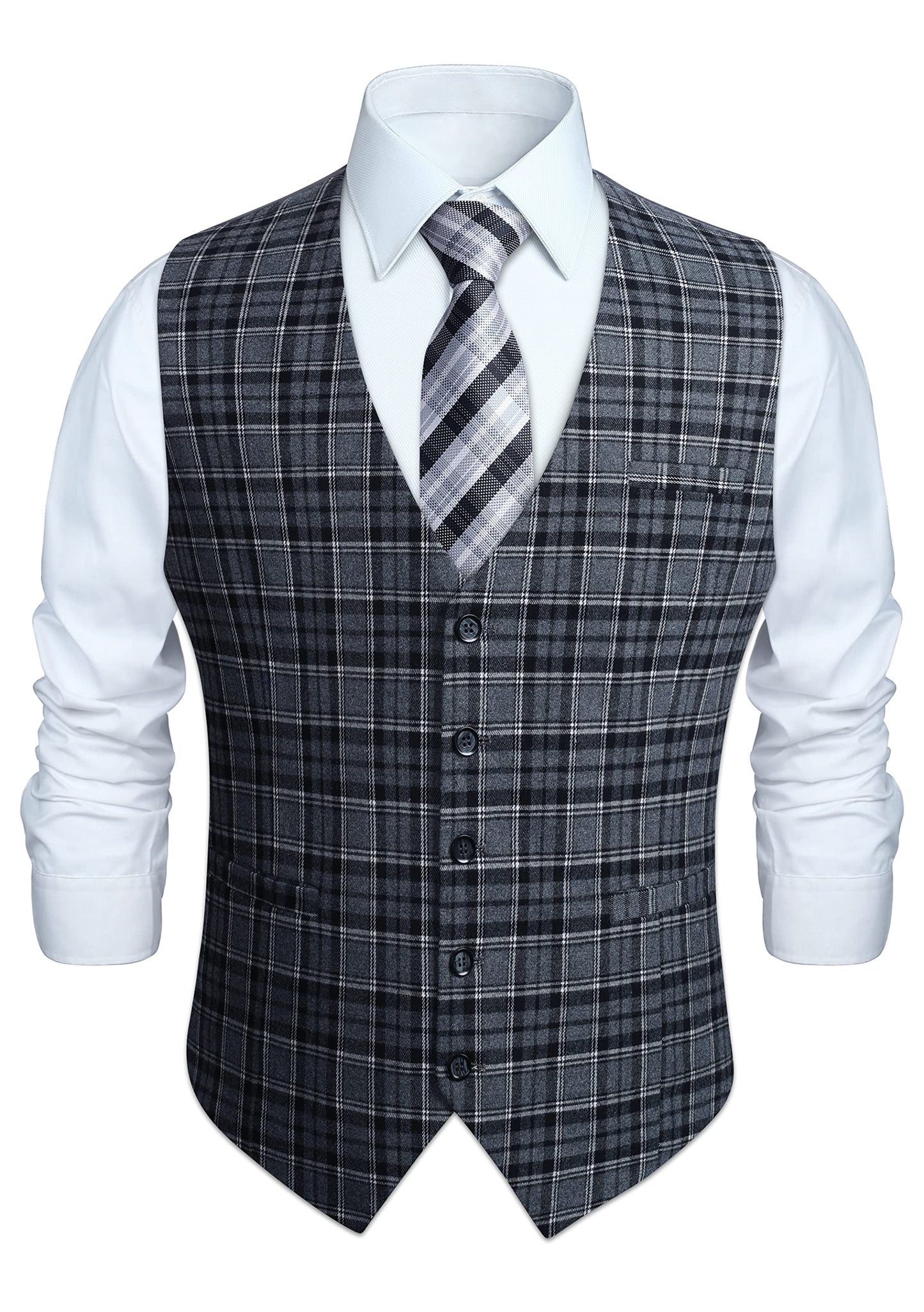 HISDERN Men's Suit Vest Plaid Dress Vest for Men Slim Fit Formal Business Waistcoat Tuxedo V-Ncek Solid Vest for Wedding