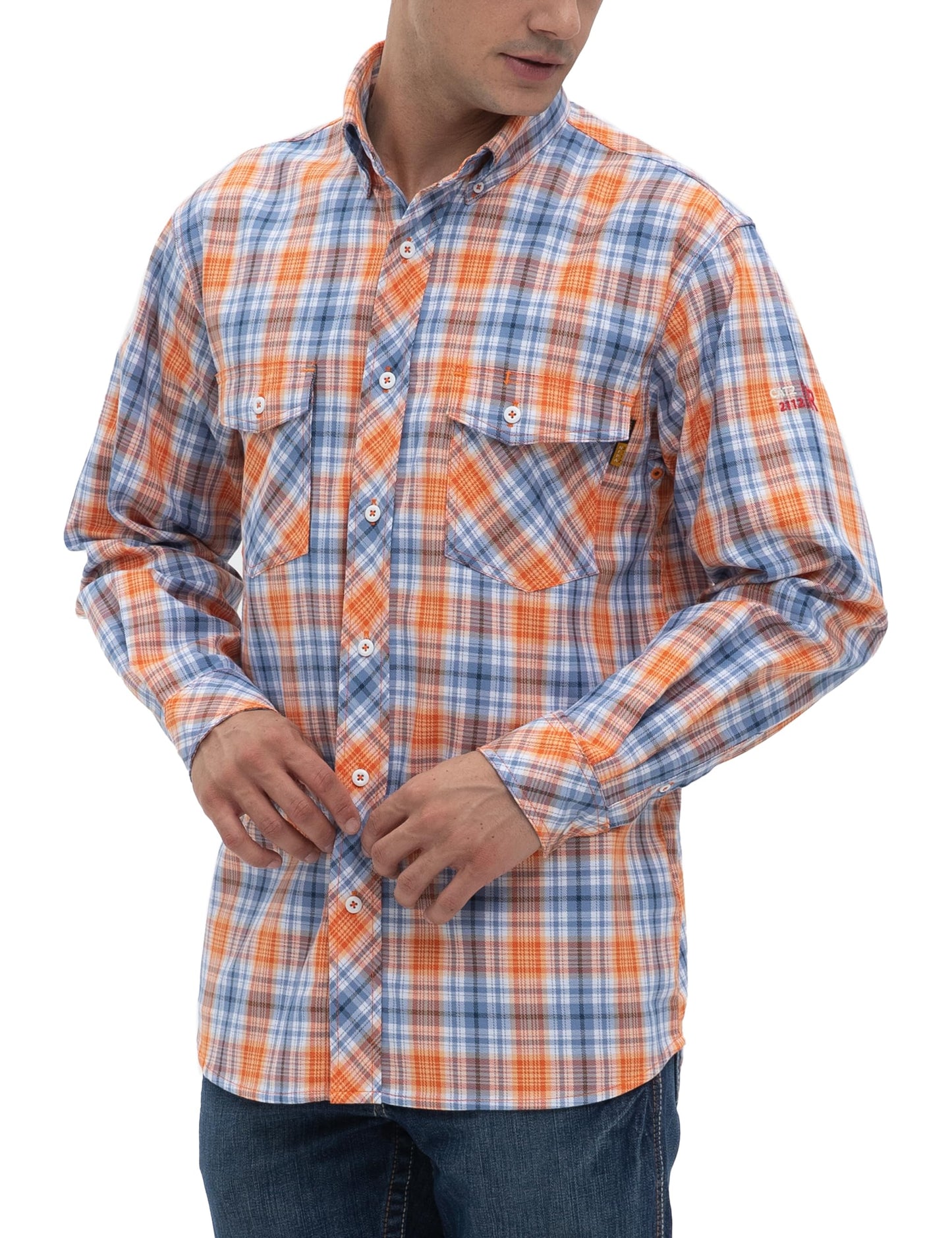 Men's FR Shirt 6.5oz Cotton Flame Resistant Long Sleeve Plaid Button-Down Work Shirts