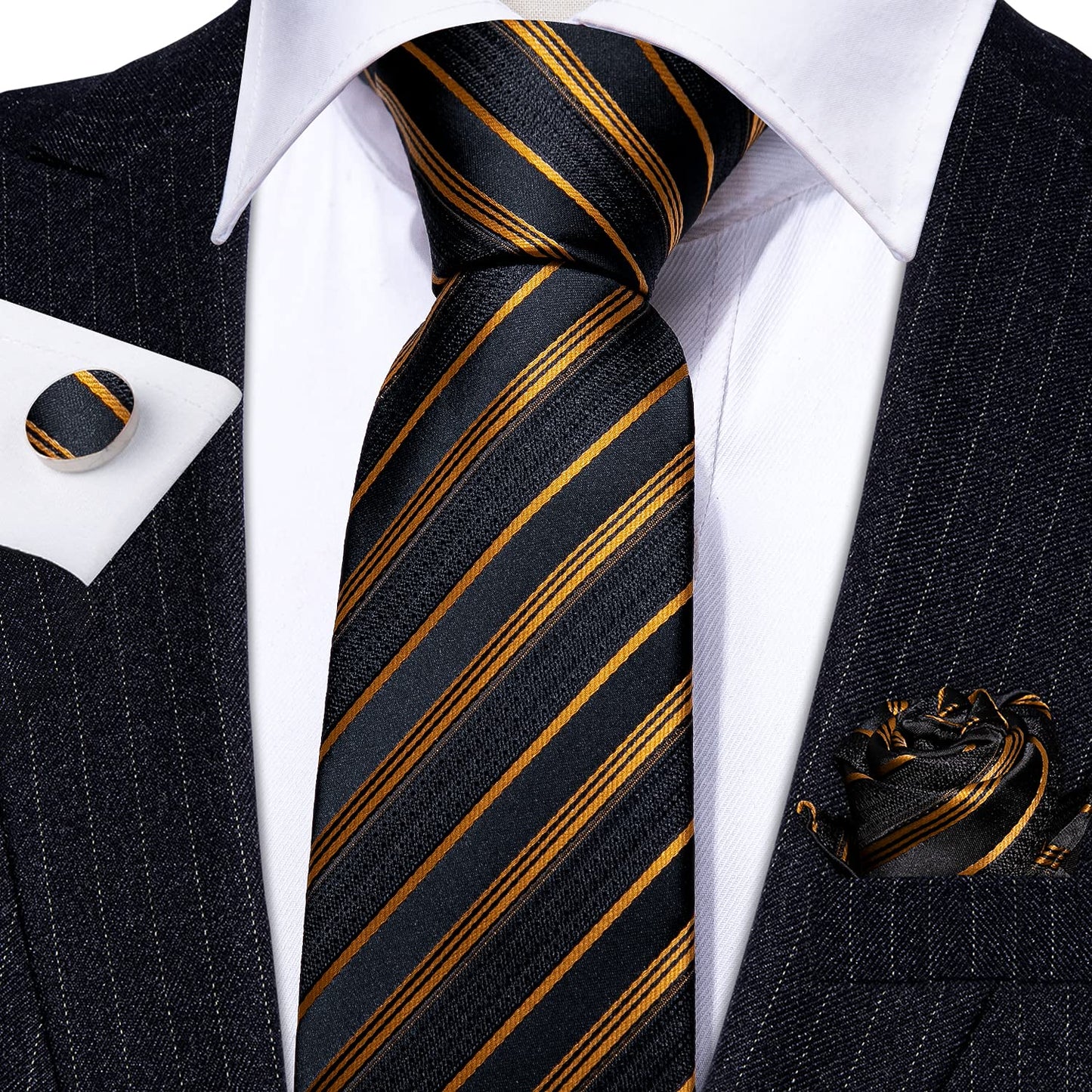 Barry.Wang Stripe Men Ties Set Classic WOVEN Necktie with Handkerchief Cufflinks Formal