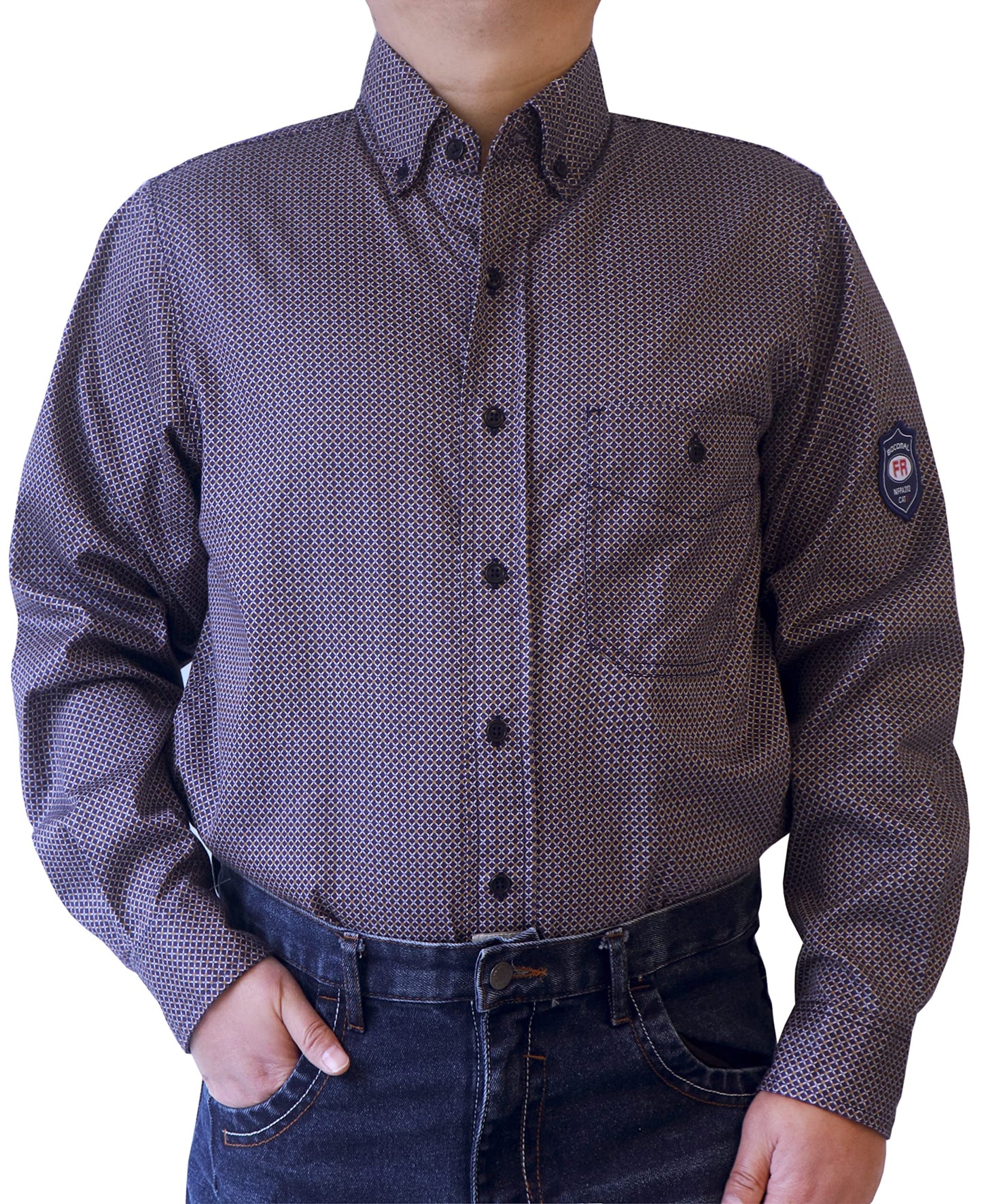 BOCOMAL FR Shirts for Men Printed Plaid Flame Resistant Clothing 6.5oz Cotton Button Up Welding Shirts NFPA2112 CAT2