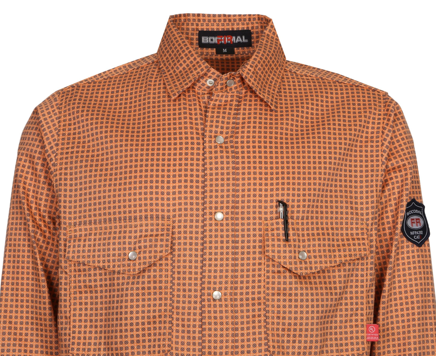 BOCOMAL FR Shirts for Men Printed Plaid Flame Resistant Clothing 6.5oz Cotton Button Up Welding Shirts NFPA2112 CAT2