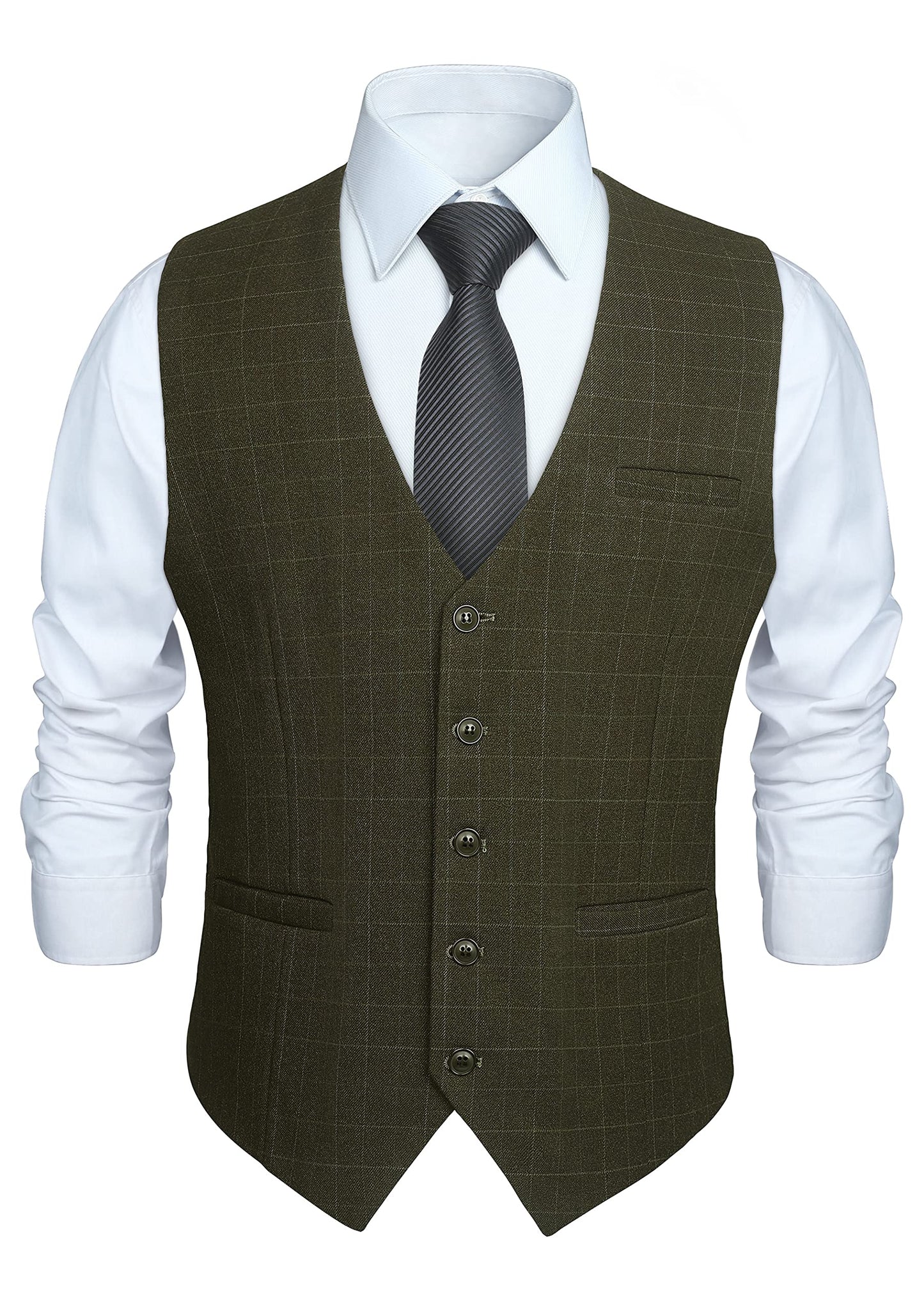 HISDERN Men's Suit Vest Plaid Dress Vest for Men Slim Fit Formal Business Waistcoat Tuxedo V-Ncek Solid Vest for Wedding