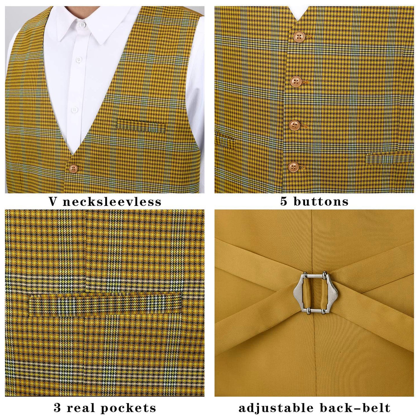 HISDERN Men's Suit Vest Business Plaid Formal Dress Waistcoat Slim Fit Vests for Men with 3 Pocket for Suit or Tuxedo