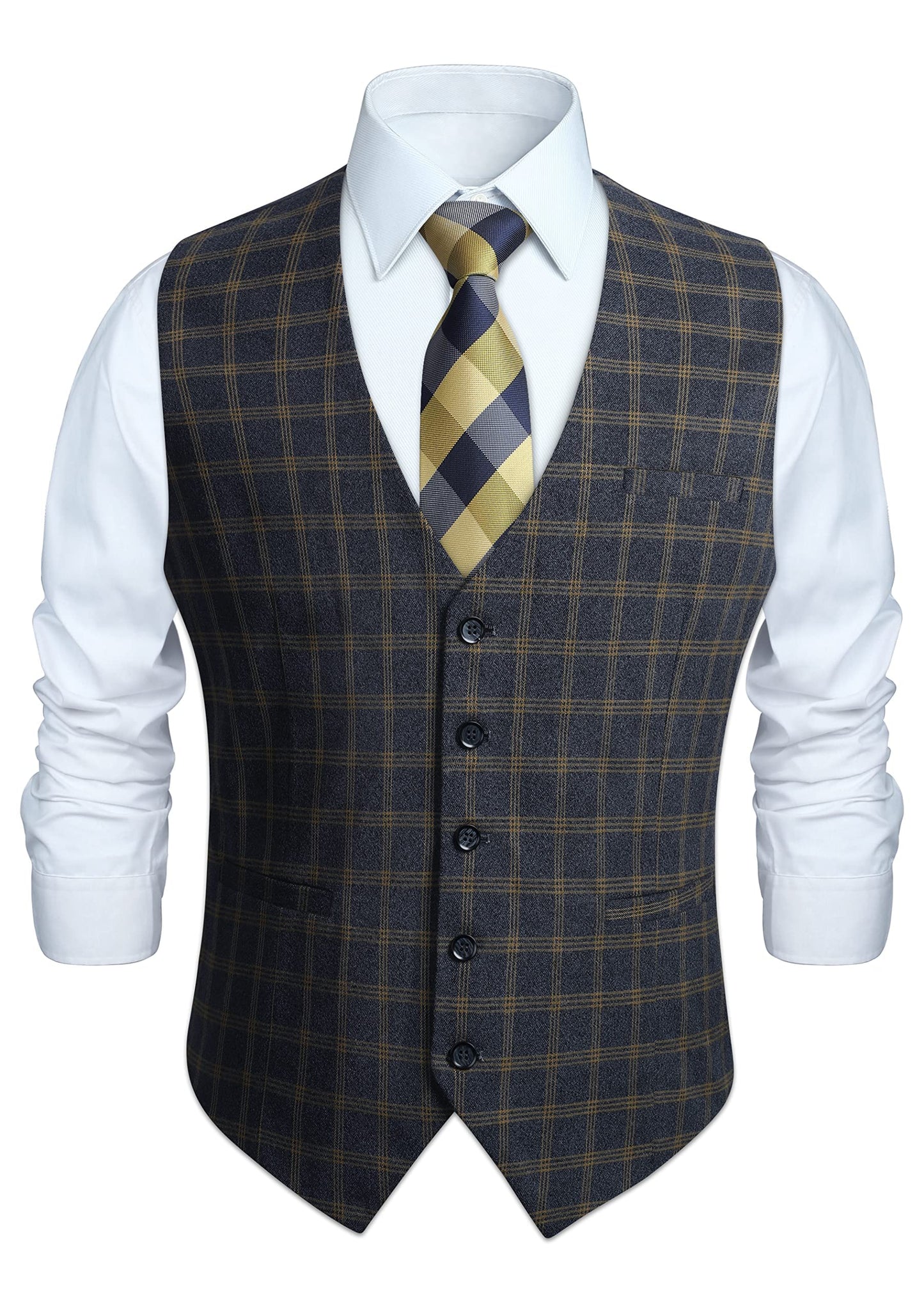 HISDERN Men's Suit Vest Plaid Dress Vest for Men Slim Fit Formal Business Waistcoat Tuxedo V-Ncek Solid Vest for Wedding