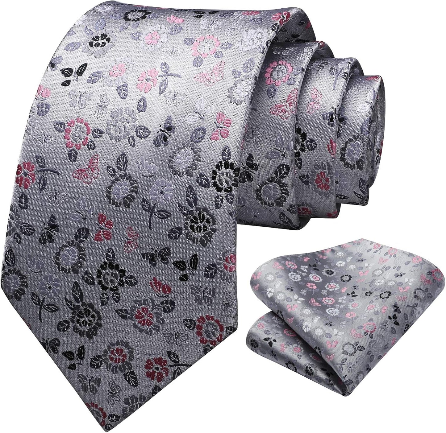 Men Floral Ties Woven Classic 3.4" NeckTie Set Formal Tie Pocket Square for Wedding with Handkerchief