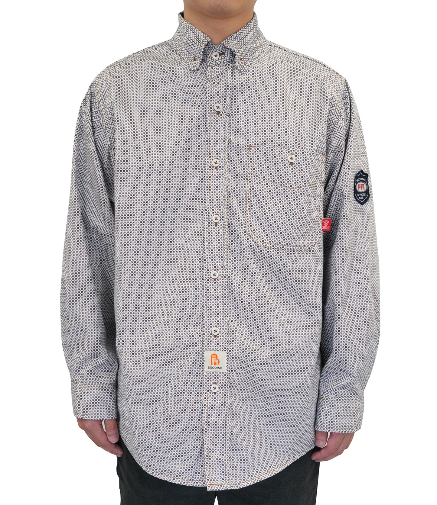 BOCOMAL FR Shirts for Men Printed Plaid Flame Resistant Clothing 6.5oz Cotton Button Up Welding Shirts NFPA2112 CAT2