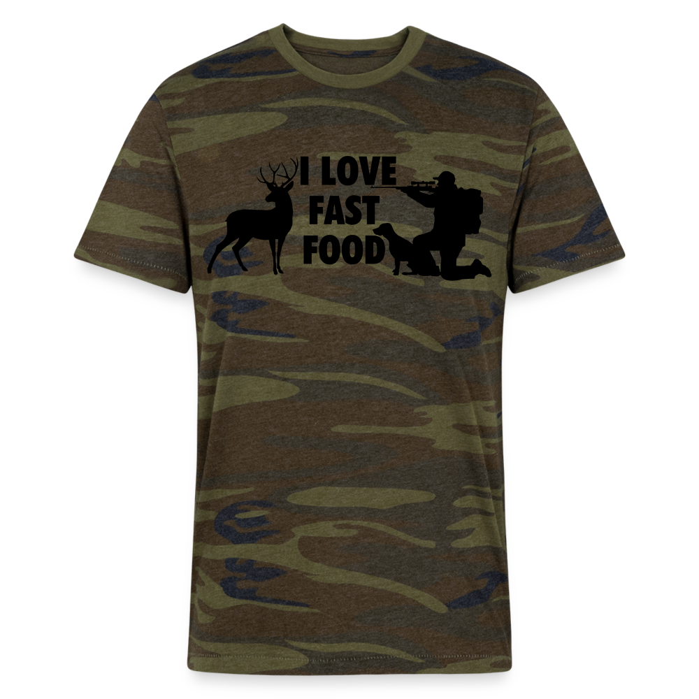 "I Love Fast Food" Alternative Unisex Eco Camo T-Shirt - green camo